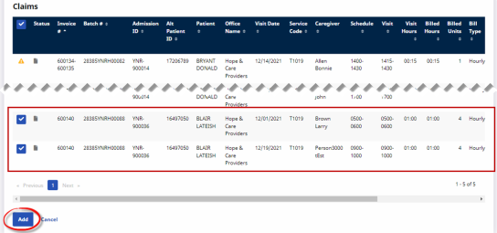 In the Claims Search results, checkboxes display at leftmost on the table to select one or more claims and add to the batch.